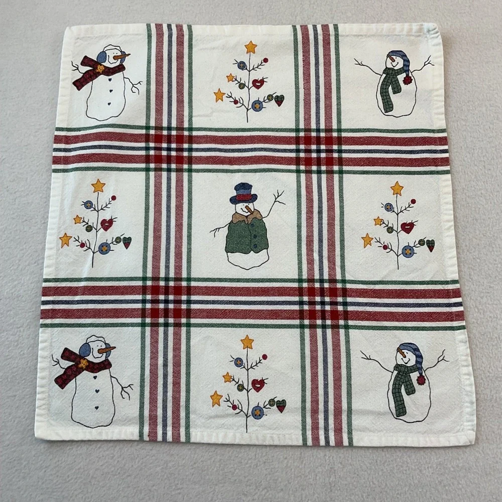 St Nicholas Square Snowman Plaid Cotton Napkins Set of 9 White Red Green Holiday